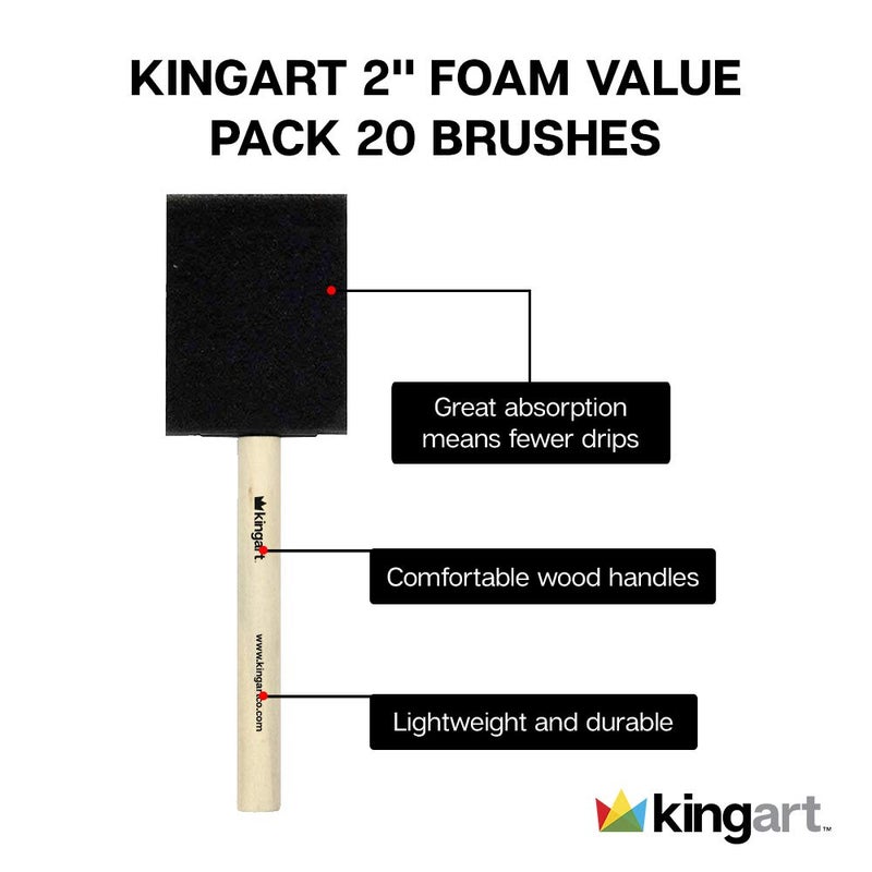 KINGART 242-20 Foam 20 Pc. Value Pack 2" Brush Set, Short Wood Handle, for Oil, Acrylic & Watercolor Paint, Great for Crafts, DIY Home Projects, Hobbies & Group Activities - Image 4